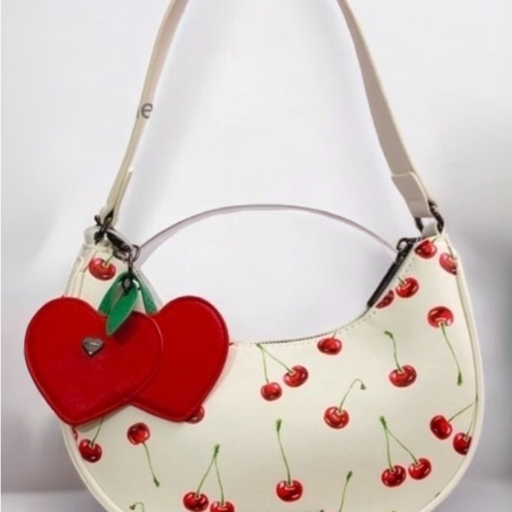 Betsey Johnson Cream Shoulder Bag with Red Cherry Print and Red Heart Charm